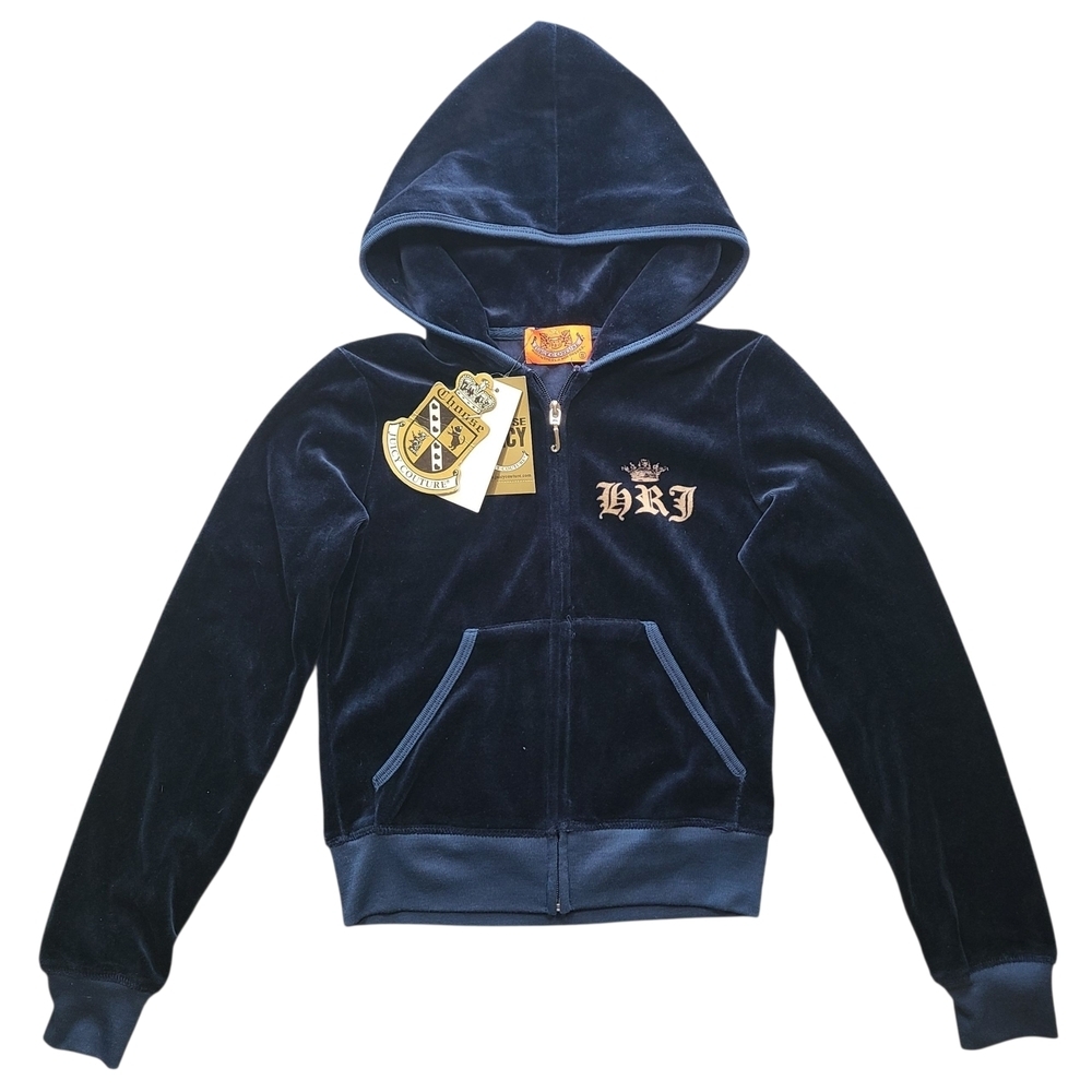 Juicy Couture Vintage Kids Y2K Velour Hoodie Her Royal Juicyness Navy NWT S - Picture 2 of 11